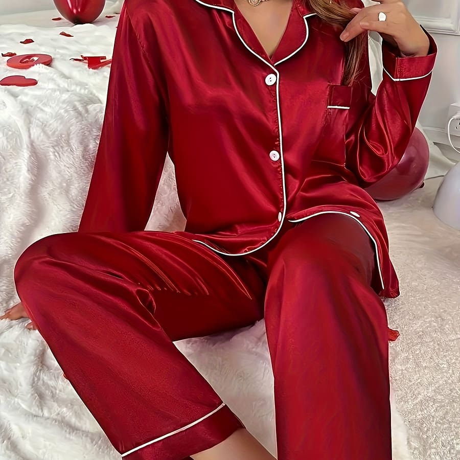 Simple Solid Satin Lounge Set, Long Sleeve Buttons Lapel Top & Pants, Women’s Loungewear Clothing Shop Online at Dubai Trades 2