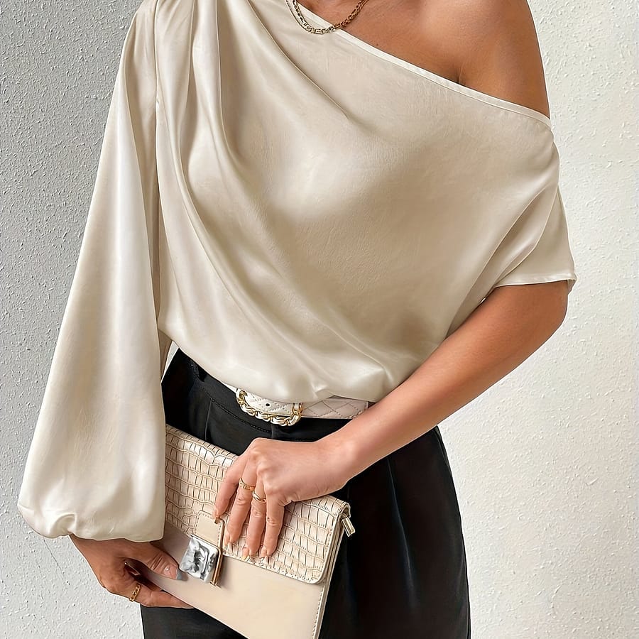 Slant Shoulder Solid Color Blouse, Elegant Asymmetrical Lantern Sleeve Blouse For Spring & Fall, Women’s Clothing Blouses Shop Online at Dubai Trades 2