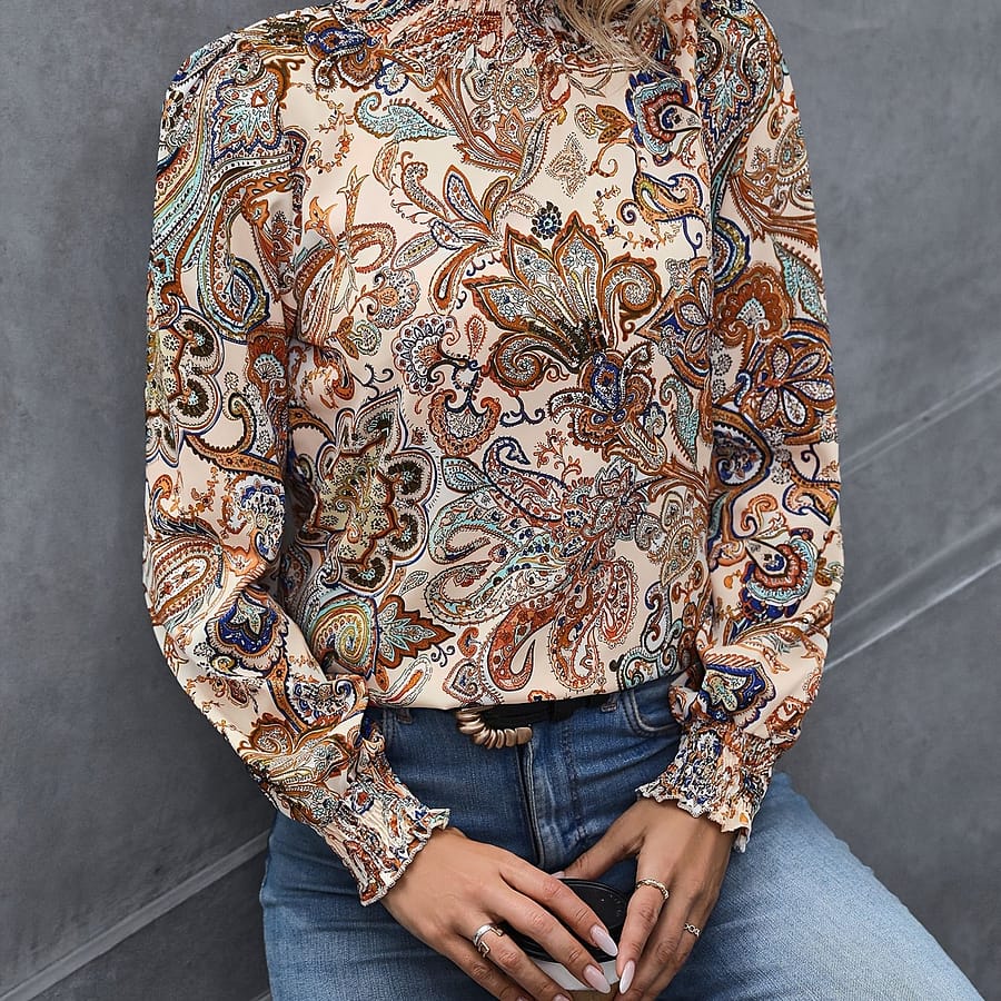 Sley Print High Neck Blouse, Boho Long Sleeve Shirred Blouse, Women’s Clothing Blouses Shop Online at Dubai Trades 2