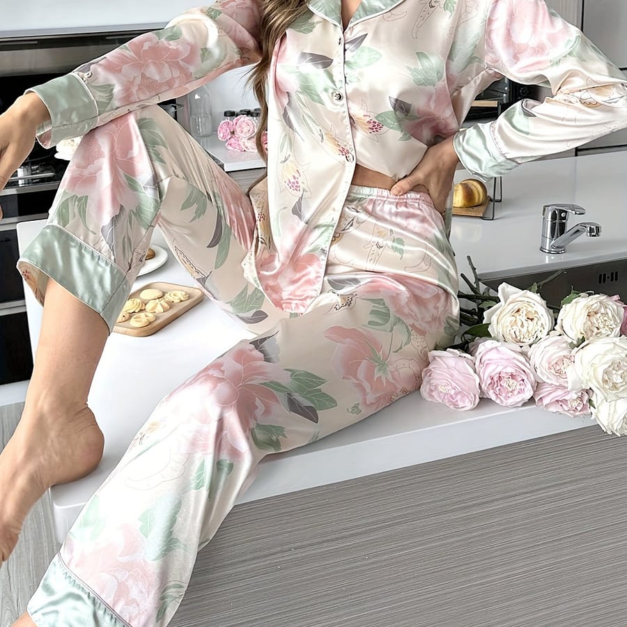 Soft Pajama Set For Women, Breathable Satin Sleepwear With Elegant Floral Print, Long Sleeve Buttons Lapel Top & Pants, Versatile Indoor And Outdoor Suit Clothing Shop Online at Dubai Trades 2