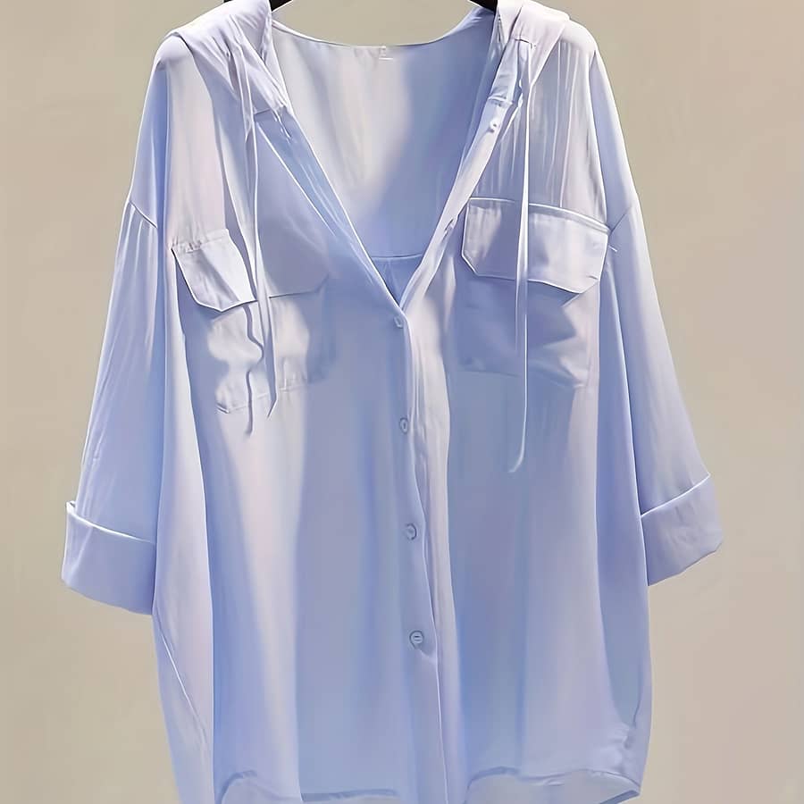 Solid Button Front Hooded Blouse, Casual Three-quarter Sleeve Pocket Drawstring Blouse, Women’s Clothing Blouses Shop Online at Dubai Trades 2