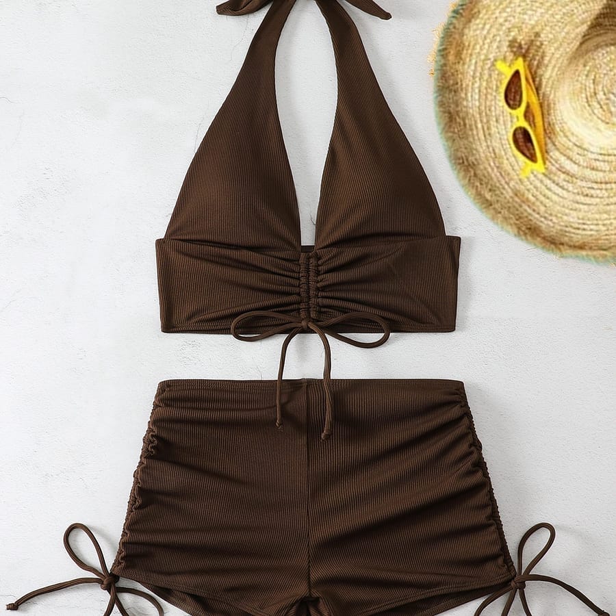 Solid Color 2 Piece Set Bikini, Halter V Neck Drawstring Tie Front Tie Side Boxer Short Bottom Swimsuits, Women’s Swimwear & Clothing Bikinis Shop Online at Dubai Trades 2