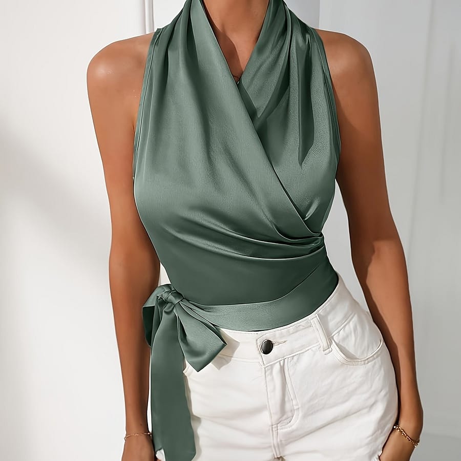 Solid Color Belted Halter Top, Elegant Sleeveless Ruched Top For , Women’s Clothing Clothing Shop Online at Dubai Trades 2