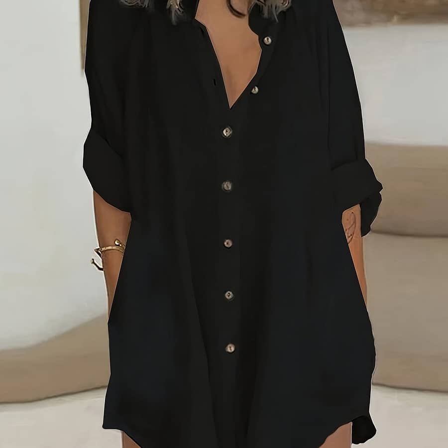 Solid Color Button Front Blouse, Versatile Long Sleeve Midi Simple Blouse For Spring & Fall, Women’s Clothing Blouses Shop Online at Dubai Trades 2
