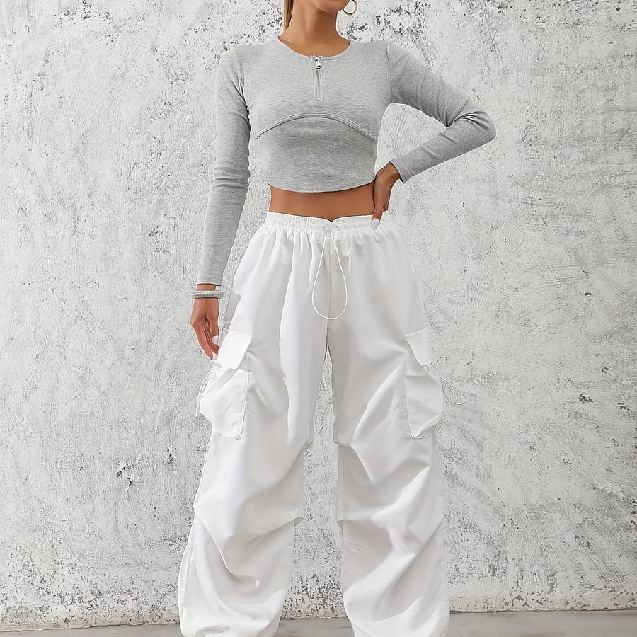 Solid Color Drawstring Baggy Cargo Pants, Casual Flap Versatile Pants, Women’s Clothing Clothing Shop Online at Dubai Trades 2