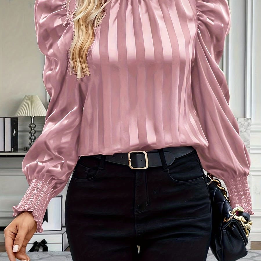 Solid Color Mock Neck Blouse, Elegant Puff Sleeve Top For Spring & Fall, Women’s Clothing Blouses Shop Online at Dubai Trades 2
