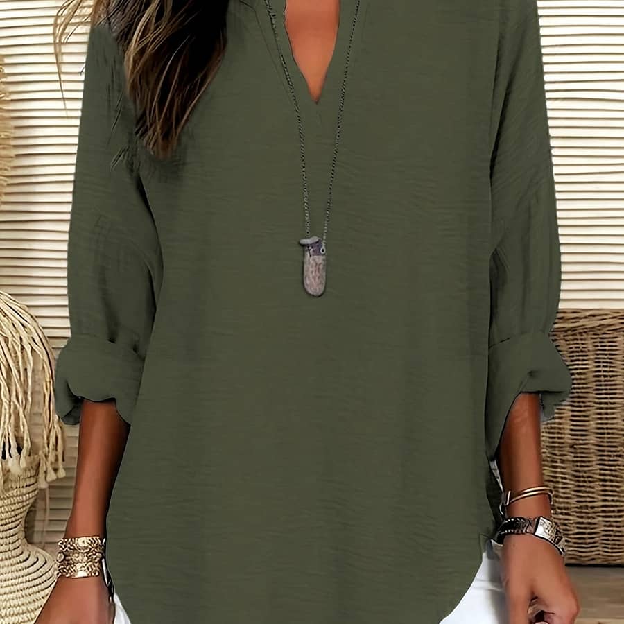 Solid Color Notched Neck Blouse, Casual Long Sleeve Curved Hem Top For Spring & Fall, Women’s Clothing Blouses Shop Online at Dubai Trades 2