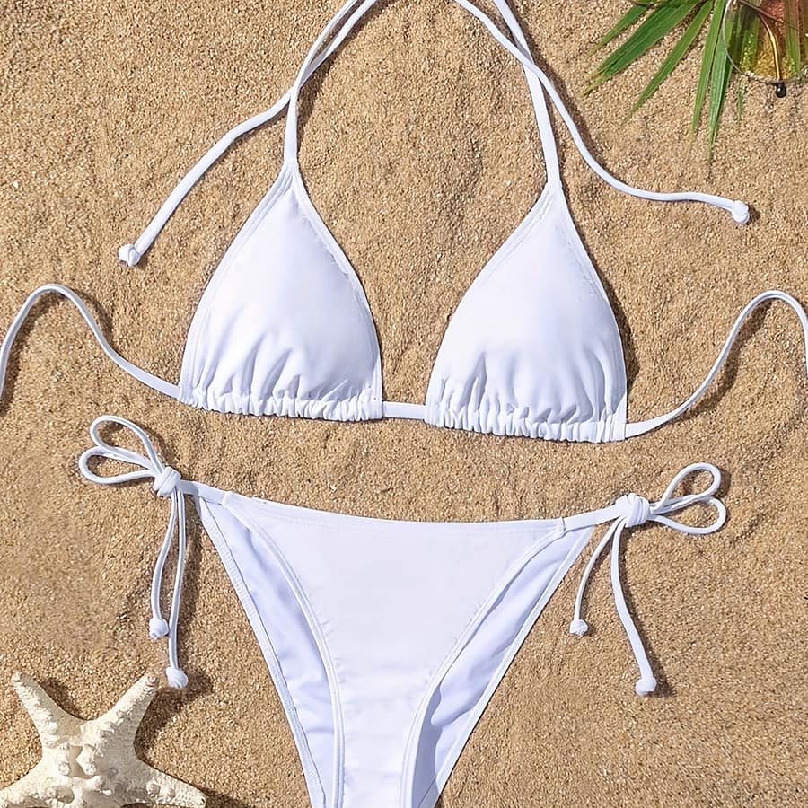 Solid Color Piece Set Bikini, Halter V Neck Tie Back Backless Tie Side High Cut Swimsuits, Women’s Swimwear & Clothing Bikinis Shop Online at Dubai Trades 2