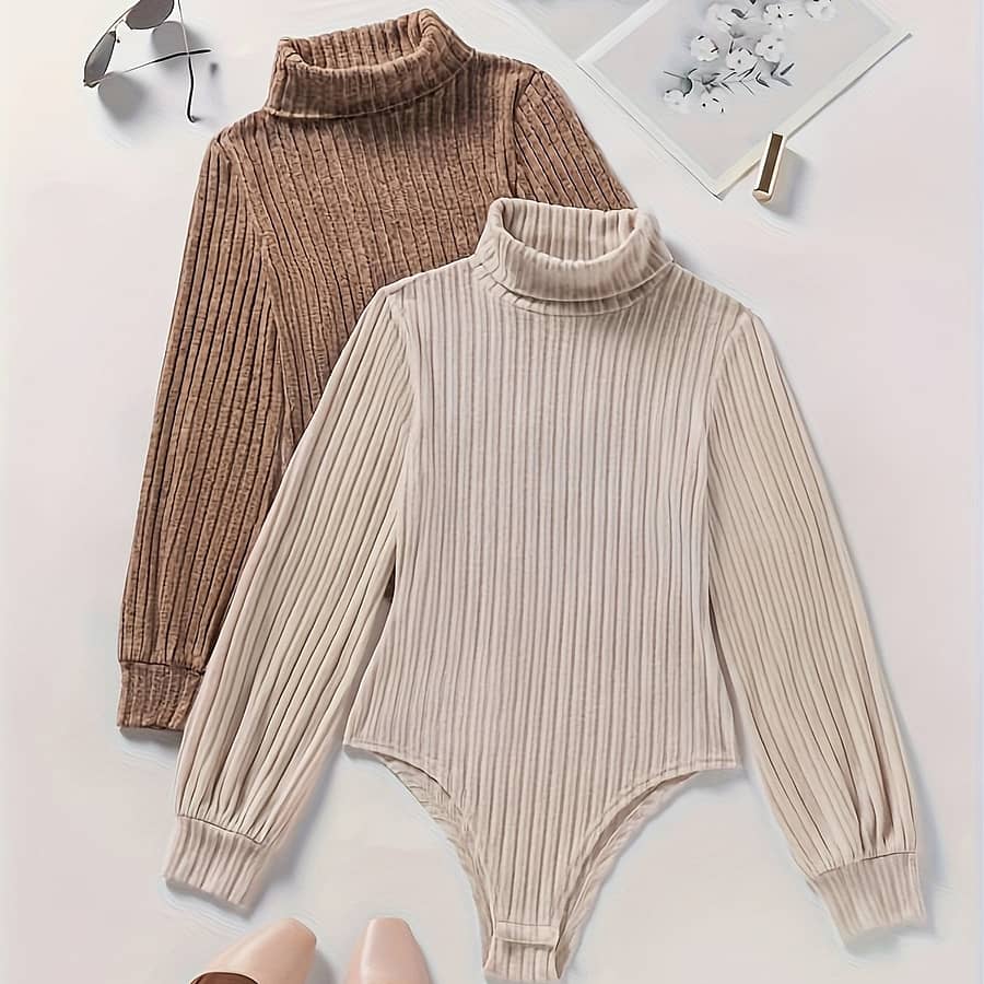 Solid Color Ribbed Bodysuit 2 Pack, Casual Turtle Neck Long Sleeve Bodysuit, Women’s Clothing Bodysuits Shop Online at Dubai Trades 2