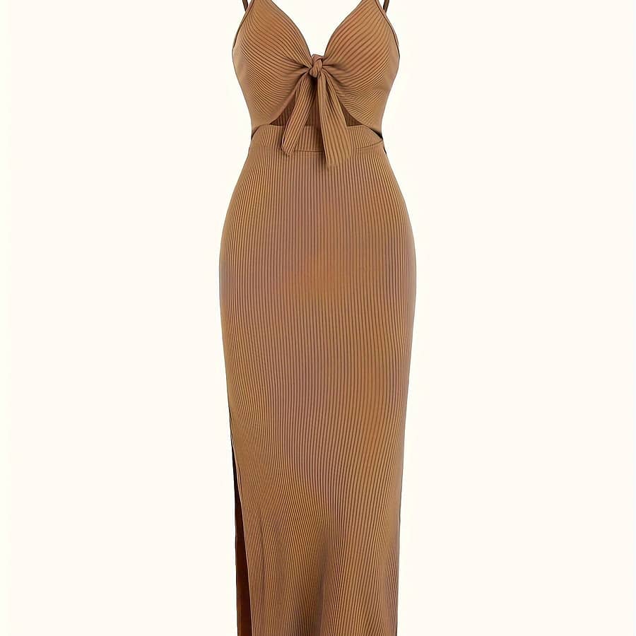 Solid Color Spaghetti Strap Dress, Elegant Sleeveless Tie Front Backless Ribbed Slim Split Hollow Out Dress For , Women’s Clothing Clothing Shop Online at Dubai Trades 2