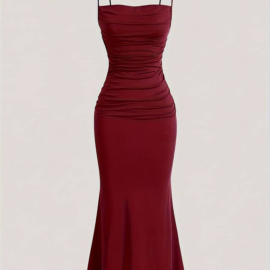 Solid Color Spaghetti Strap Dress, Sexy Sleeveless Ruched Front Mermaid Hem Dress For , Women’s Clothing Clothing Shop Online at Dubai Trades 2
