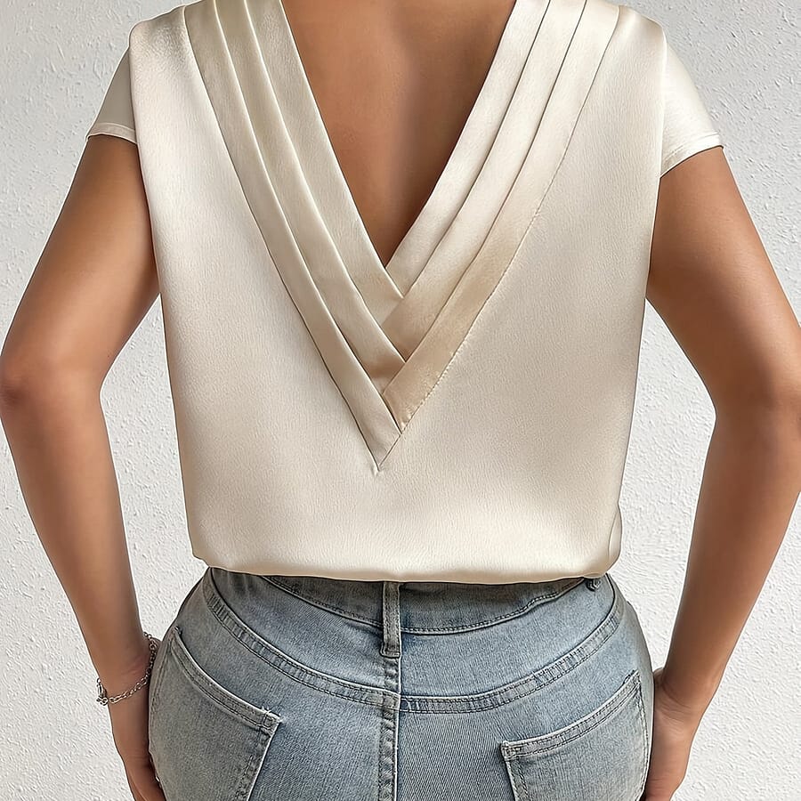 Solid Color V-neck Loose Blouse, Elegant Short Sleeve Blouse For , Women’s Clothing Blouses Shop Online at Dubai Trades 2