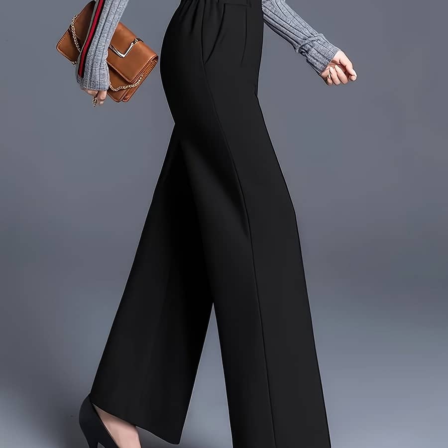 Solid Color Wide Leg Pants, Elegant High Waist Slant Pockets Loose Pants For Work & Office, Women’s Clothing Clothing Shop Online at Dubai Trades 2