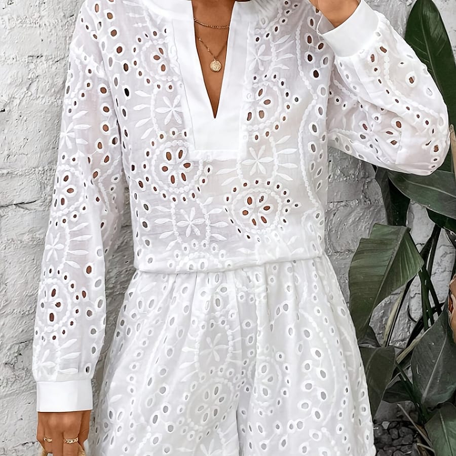 Solid Eyelet Elegant Shorts Set, Long Sleeve Notched Neck Blouse & High Waist Loose Shorts Outfits, Women’s Clothing Clothing Shop Online at Dubai Trades 2