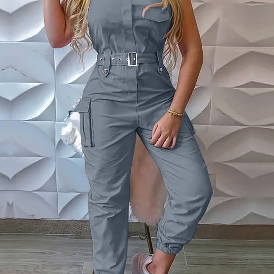 Solid Flap Pocket Cargo Jumpsuit, Casual Sleeveless Belted Flap Detail Jumpsuit, Women’s Clothing Clothing Shop Online at Dubai Trades 2