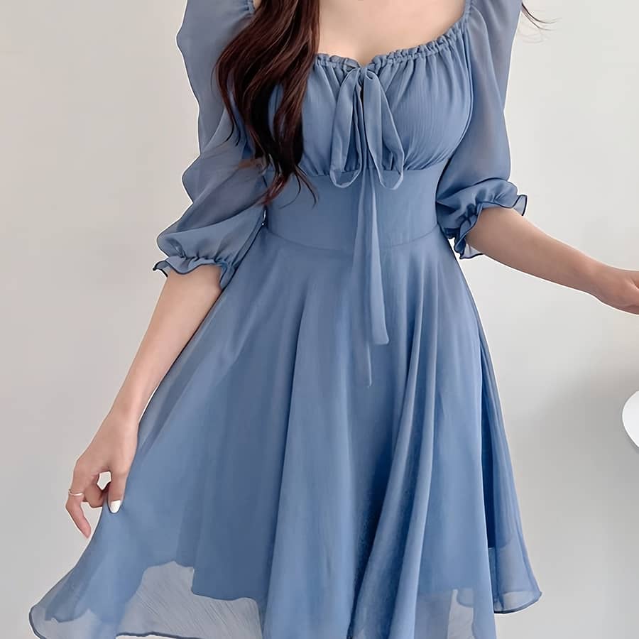 Solid Neck Dress, Elegant Short Sleeve Tie Waist A-line Flowy Dress For , Women’s Clothing Clothing Shop Online at Dubai Trades 2