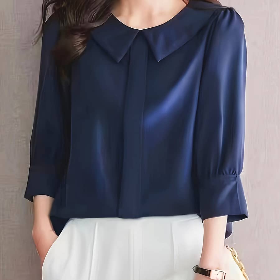 Solid Pan Collar Blouse, Elegant 3/4 Sleeve Blouse For Spring & Fall, Women’s Clothing Blouses Shop Online at Dubai Trades 2