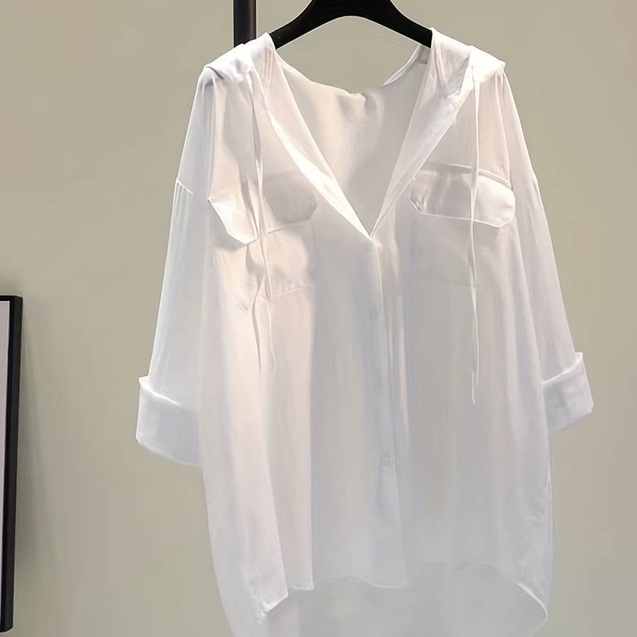 Solid Pocket Button Hooded Blouse, Casual Drawstring Blouse For , Women’s Clothing Blouses Shop Online at Dubai Trades 2
