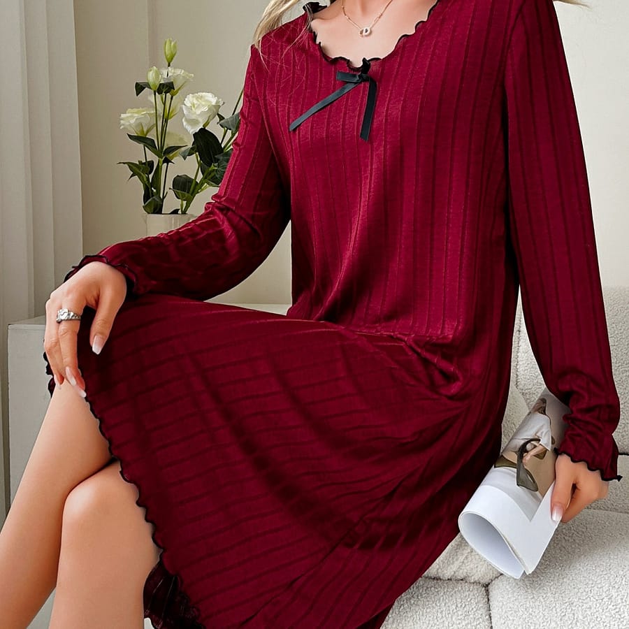 Solid Ribbed Frill Trim Nightgown, Casual Long Sleeve Bow Decor Round Neck Midi Dress, Women’s Sleepwear For Fall/ Winter Clothing Shop Online at Dubai Trades 2