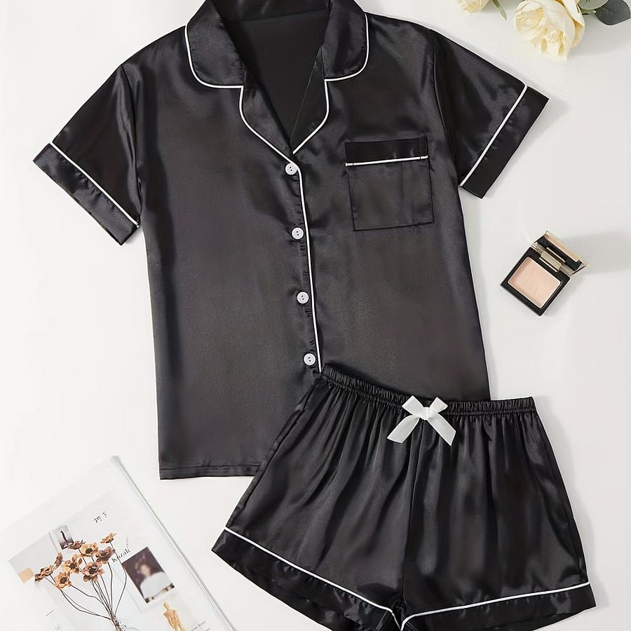 Solid Satin Pajamas Set, Short Sleeve Buttons Top & Shorts, Women’s Sleepwear & Loungewear Clothing Shop Online at Dubai Trades 2