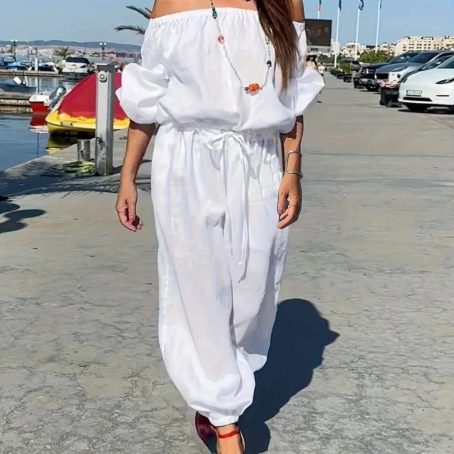 Solid Shoulder Jumpsuit, Casual Puff Sleeve Cinched Waist Jumpsuit For Spring & Fall, Women’s Clothing Clothing Shop Online at Dubai Trades 2