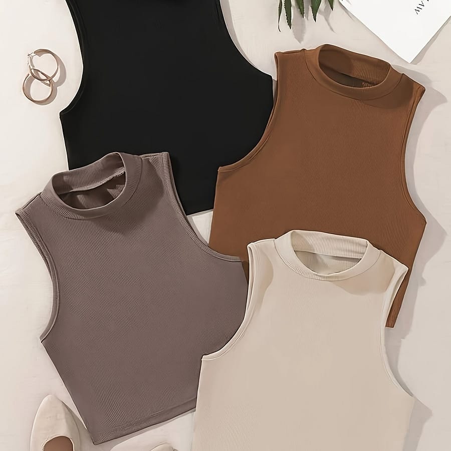 Solid Top 4 Pack, Casual Mock Neck Sleeveless Crop Top, Women’s Clothing Clothing Shop Online at Dubai Trades 2