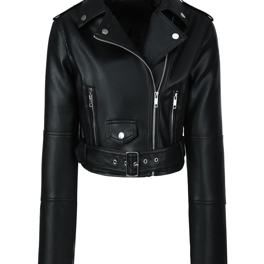 Solid Zipper Front Leather Crop Jacket, Casual Long Sleeve Lightweight Jacket For Fall & Spring, Women’s Clothing Casual Jackets Shop Online at Dubai Trades 2