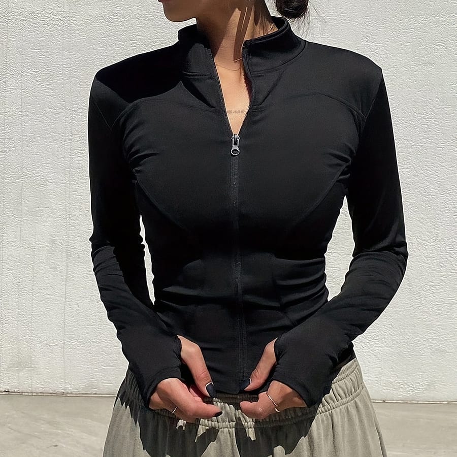 Solid Zipper Front Slim Top, Long Sleeve Mock Neck Top For Spring & Fall, Women’s Clothing Casual Jackets Shop Online at Dubai Trades 2
