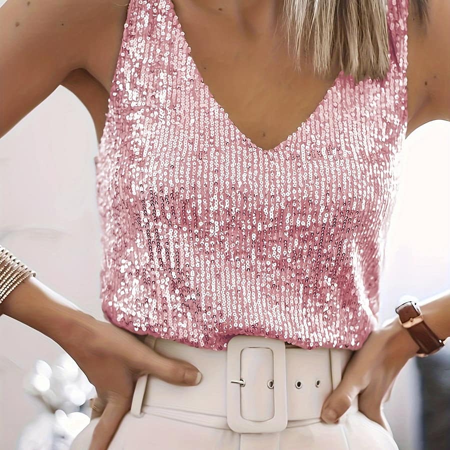 Sparkling Sequin V-neck Tank Top, Elegant Sleeveless Top For Party & Vacation, Women’s Clothing Clothing Shop Online at Dubai Trades 2