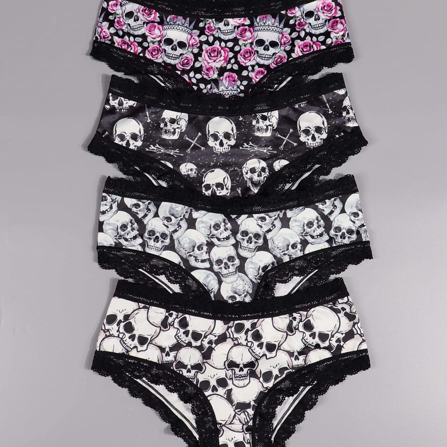 Spectral Style, Morvia 4pcs Gothic Lace Hipster Panties For Women – Holiday Skull Print, , Stretchy & Comfortable Underwear Clothing Shop Online at Dubai Trades 2