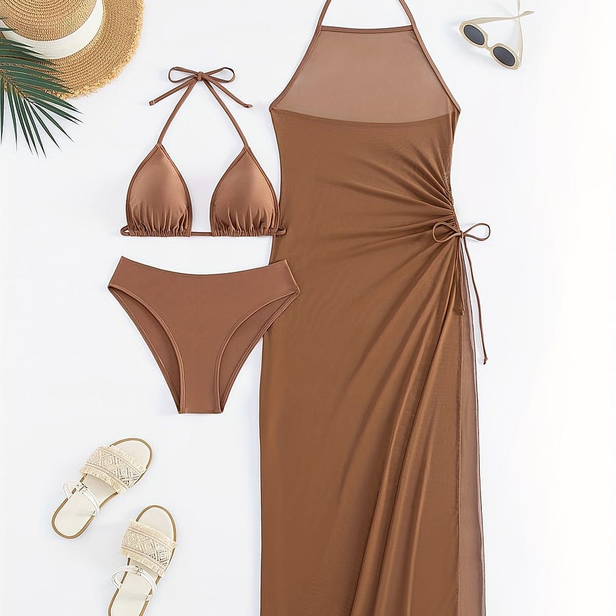 Split Swimwear Solid Color Bikini With Laces And Side Drawstring Dress 3 Piece Set Bikinis Shop Online at Dubai Trades 2