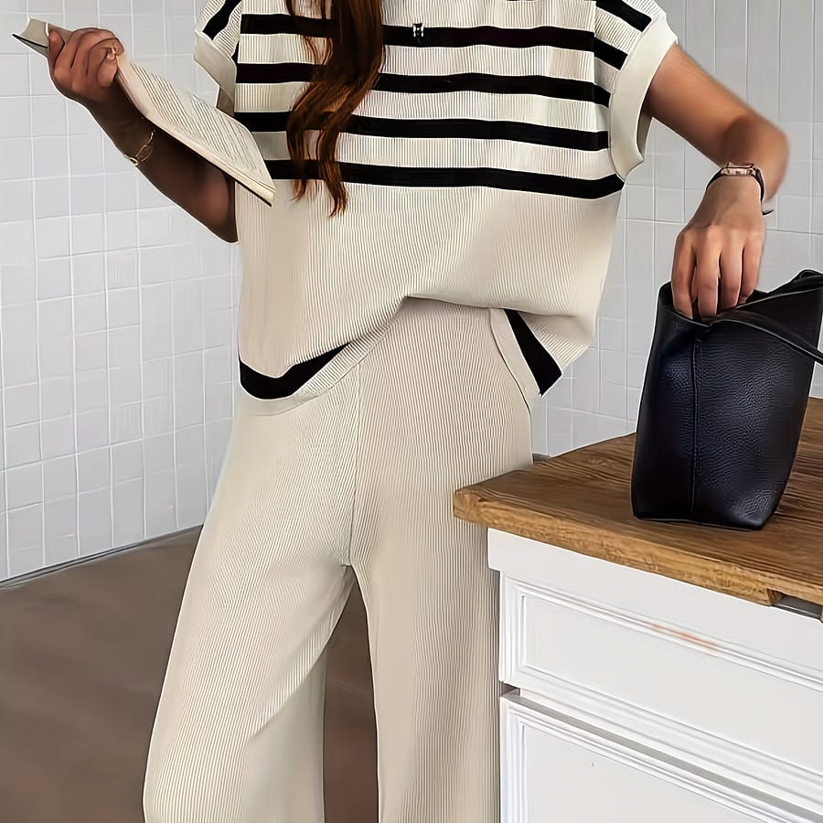 Spring And Summer Women’s Clothing, Simple High-end Fashion Striped Cardigan Sweater + Stylish Loose Wide-leg Knit Pants Set, Stripe Contrast Casual Clothing Shop Online at Dubai Trades 2