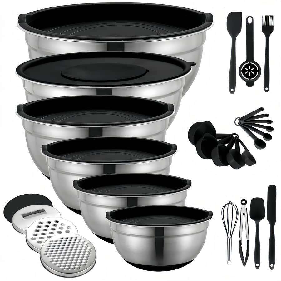 Stainless Steel Mixing Bowl Set With Sealing Lids, Grater Attachment, And Non-slip Bottom – 26 Pieces In Sizes 7qt, 4qt, 2.5qt, 2qt, 1.5qt, 1qt – Mixing And Serving Bakeware Shop Online at Dubai Trades 2