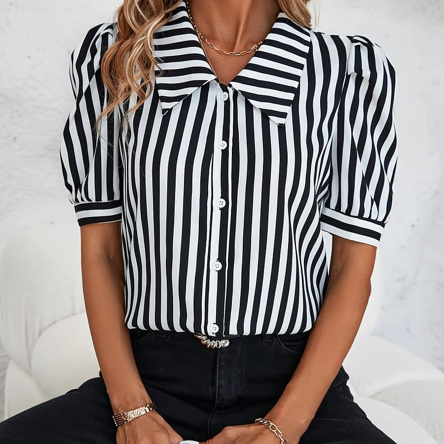 Stripe Print Button Front Blouse, Elegant Short Sleeve Blouse For , Women’s Clothing Blouses Shop Online at Dubai Trades 2