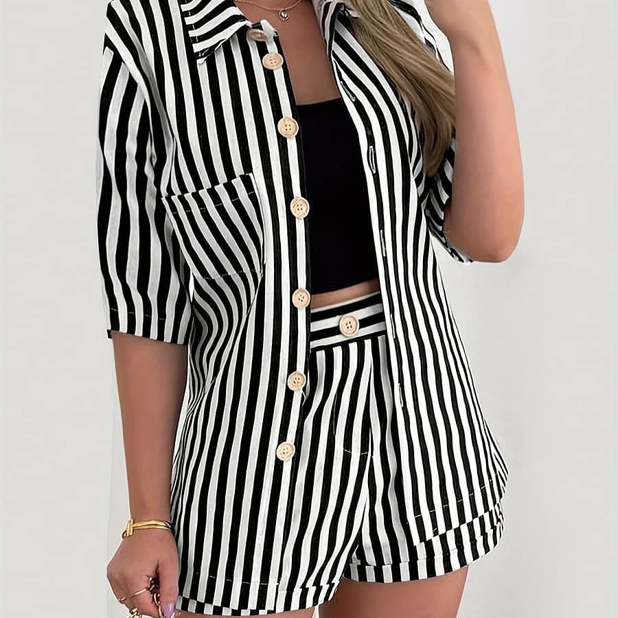 Striped Elegant 2 Piece Set, Short Sleeve Button Front Shirt & High Waist Shorts Outfits, Women’s Clothing Clothing Shop Online at Dubai Trades 2