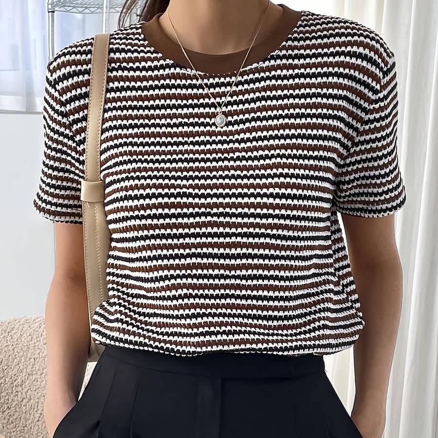 Striped Neck T-shirt, Casual Short Sleeve T-shirt For , Women’s Clothing Clothing Shop Online at Dubai Trades 2