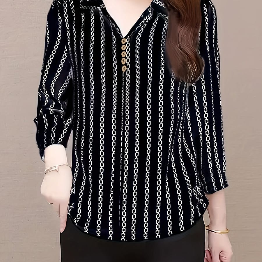 Striped Pattern Collared Button Blouse, Casual 3/4 Sleeve Blouse For Spring & Fall, Women’s Clothing Blouses Shop Online at Dubai Trades 2