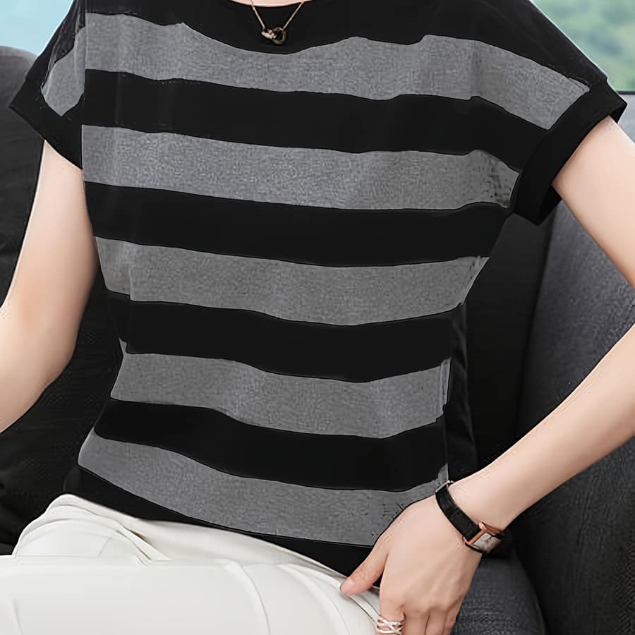 Striped Print Crew Neck T-shirt, Casual Cap Sleeve T-shirt For , Women’s Clothing Clothing Shop Online at Dubai Trades 2