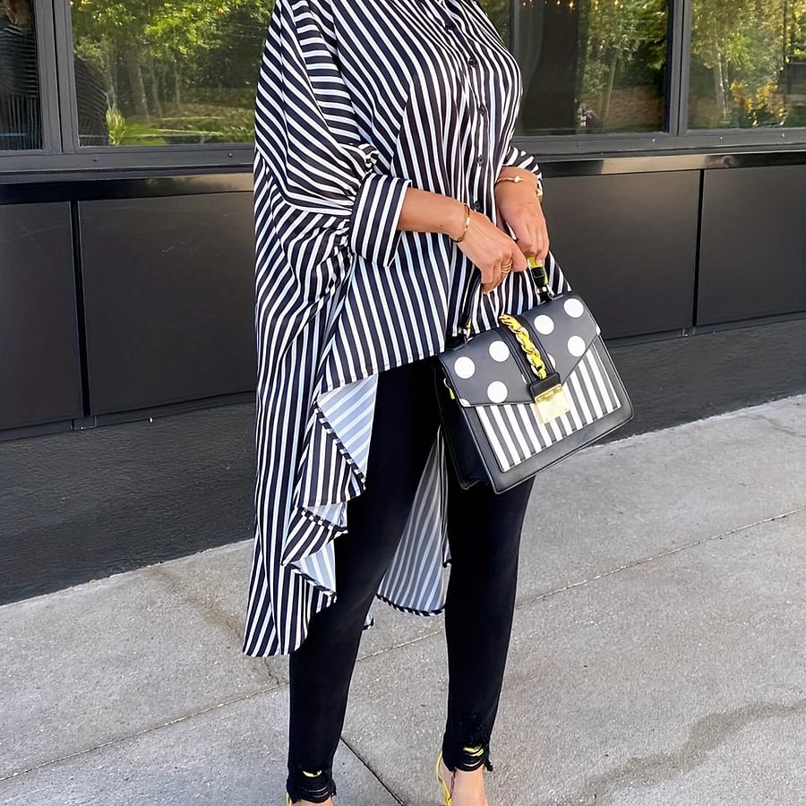 Striped Print High Low Hem Shirt, Casual Long Sleeve Button Up Shirt, Women’s Clothing Blouses Shop Online at Dubai Trades 2