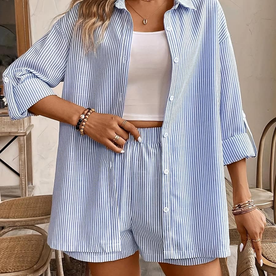 Striped Two-piece Set, Casual Front Long Sleeve Shirt & Elastic Waist Shorts Outfits, Women’s Clothing Clothing Shop Online at Dubai Trades 2