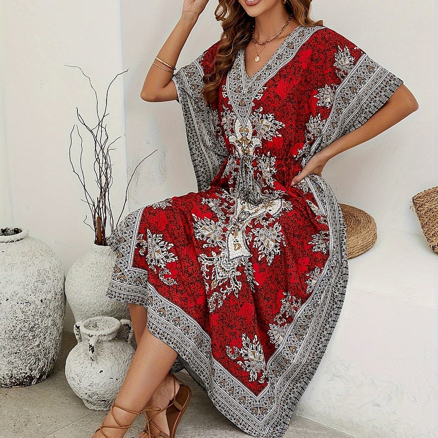 Style Allover Print Cover Up Dress, V Neck Loose Fit Beach Kaftan, Women’s Swimwear & Clothing Clothing Shop Online at Dubai Trades 2