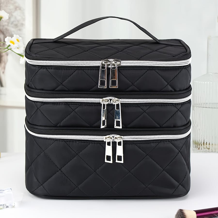 Stylish And Lightweight Large-capacity Black Grid Diamond Grid Cosmetic Bag With 3 , Double And Storage Bag, Portable Handbag Suitable For Home And Travel Use Bags & Cases Shop Online at Dubai Trades 2
