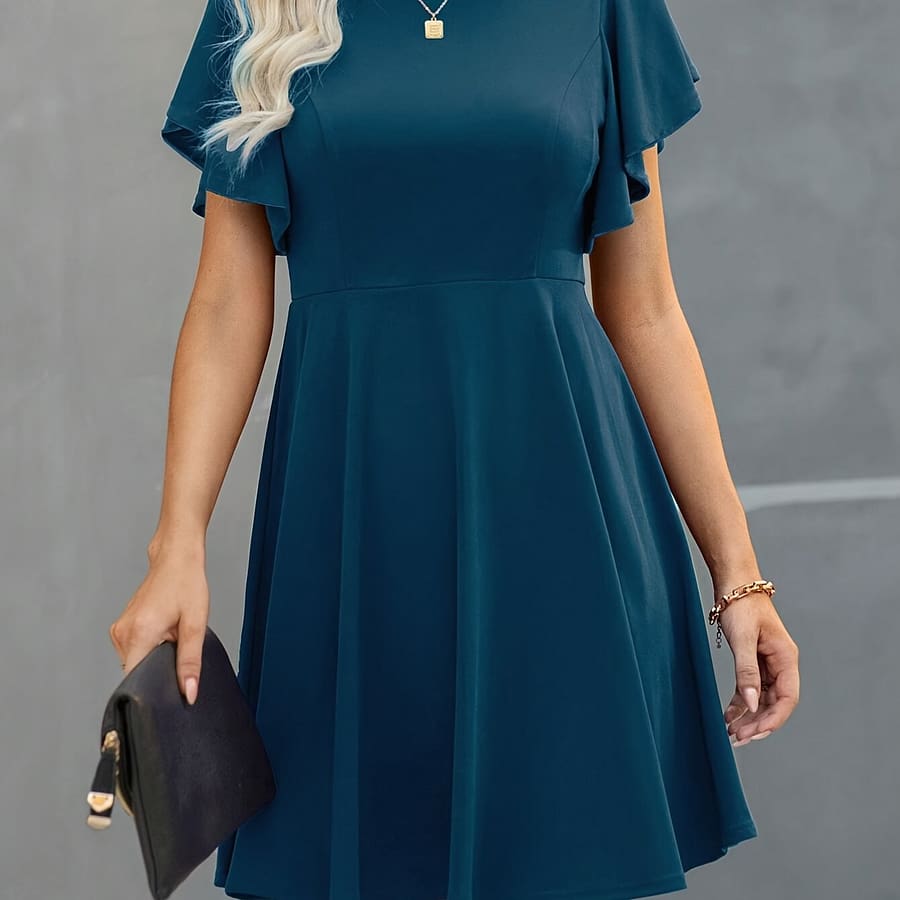 Summer New Solid Color Casual Solid Color Knitted Ruffle Sleeve Dress Clothing Shop Online at Dubai Trades 2