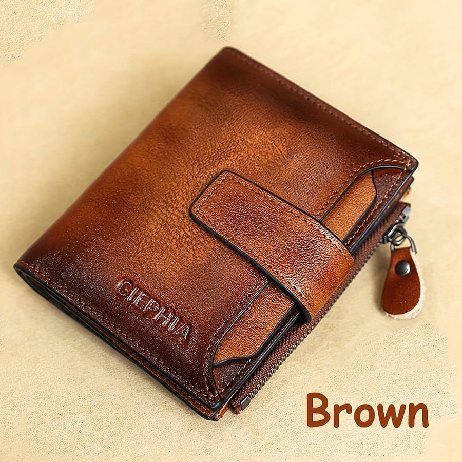 1pc Men’s Genuine Leather Wallet, Vintage Short Multi Function Id Card Holder, Rfid Blocking Billfold Coin Pocket With Zipper, Valentine’s Day Gift For Men Accessories Shop Online at Dubai Trades 2