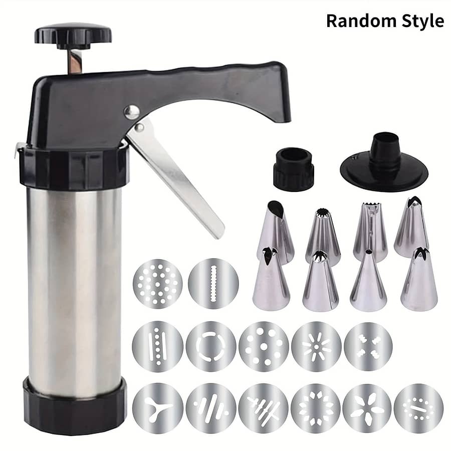 24pcs Set Cookie , Stainless Steel Cookie Press , Baking Mold Featuring 13 Decorative Stencil Discs And 8 Icing Tips, Cookie Maker, Baking Set Biscuit Machine Bakeware Shop Online at Dubai Trades 2
