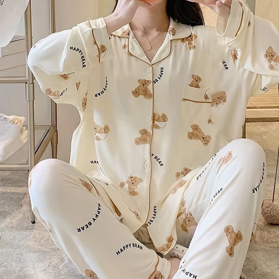 Cartoon Bear Print Pajama Set, Cute Lapel Long Sleeve Blouse Top & Elastic Waistband Pants, Women’s Loungewear & Sleepwear Clothing Shop Online at Dubai Trades 2