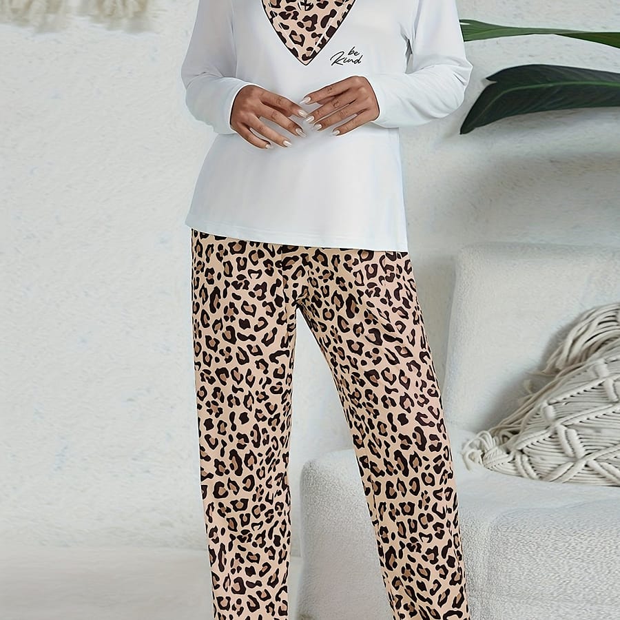 Casual Leopard Pajama Set, Long Sleeve Heart Print Top & Pajama Pants, Women’s Sleepwear & Loungewear Clothing Shop Online at Dubai Trades 2
