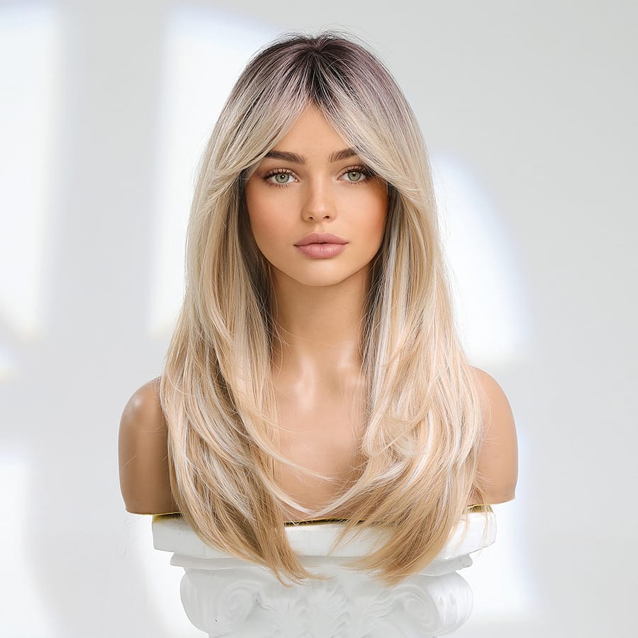 Elegant 24-inch Women’s Ombre Wig With Curtain Bangs – Long Curly Wave Style, Heat Resistant Synthetic Hair, Cap For & Parties, Wig Accessories Beauty & Personal Care Shop Online at Dubai Trades 2
