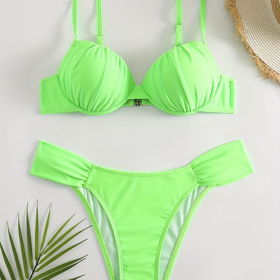 Green Ruched Bikini Sets, V Neck Spaghetti Straps Back Backless High Cut Beachwear 2 Pieces Swimsuit, Women’s Swimwear & Clothing Bikinis Shop Online at Dubai Trades 2