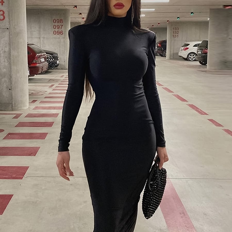 Long Sleeve Midi Dress, High Neck Slim Casual Dress, Women’s Clothing Clothing Shop Online at Dubai Trades 2